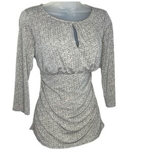 Ann Taylor Keyhole Abstract Side Drape Blouson Top Cream Gray Work Office MP